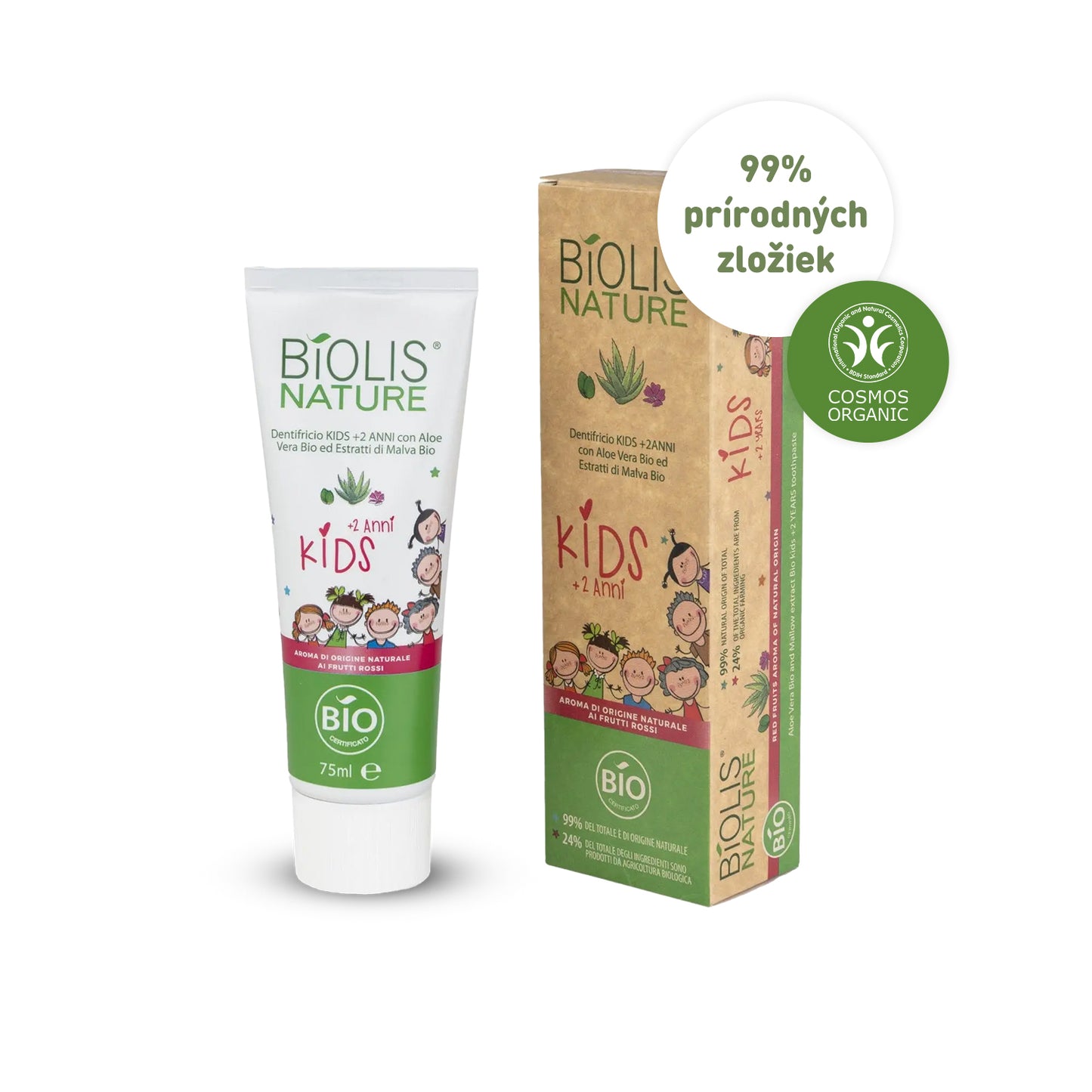 Prírodná Detská zubná pasta Kids 2+ BIO Aloe vera BIO Slez 75ml